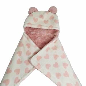 Chick Pea Pink Hearts Plush Hooded Pom Pom Blanket Throw 30x30 Lovey